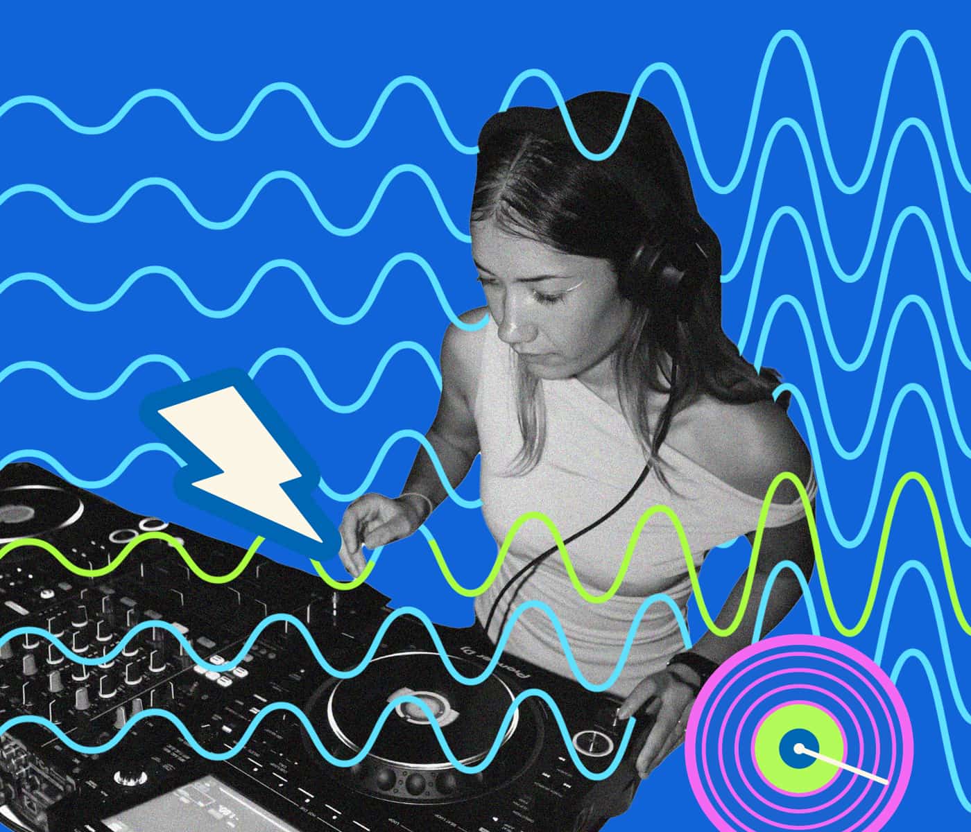Image of a female DJ on a blue background