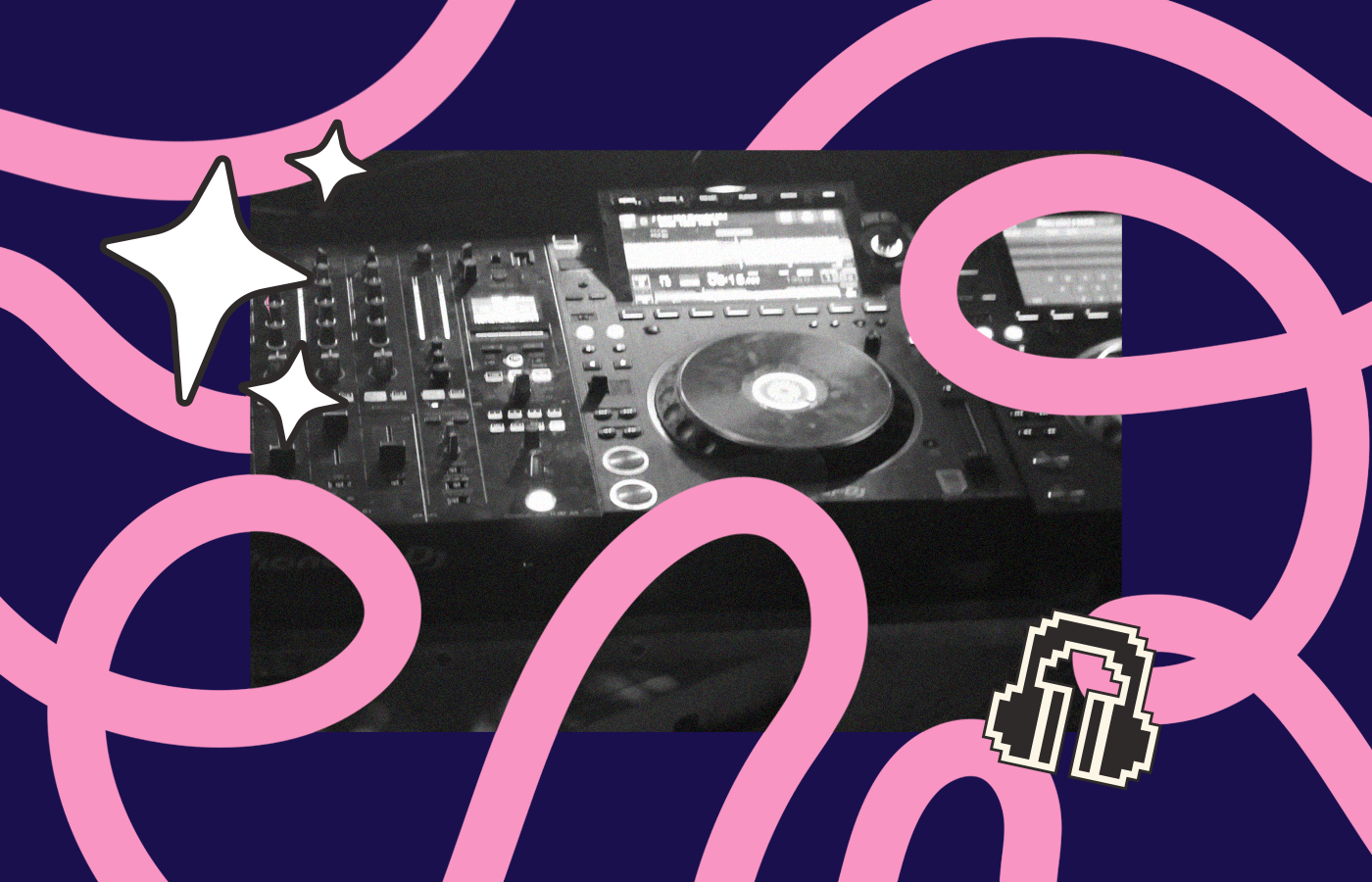A DJ mixer and turntable with illuminated controls are featured in the center of the image. The background is dark, with decorative pink, swirling lines and star-like sparkles around the equipment. Headphone icon is visible in the lower right corner.